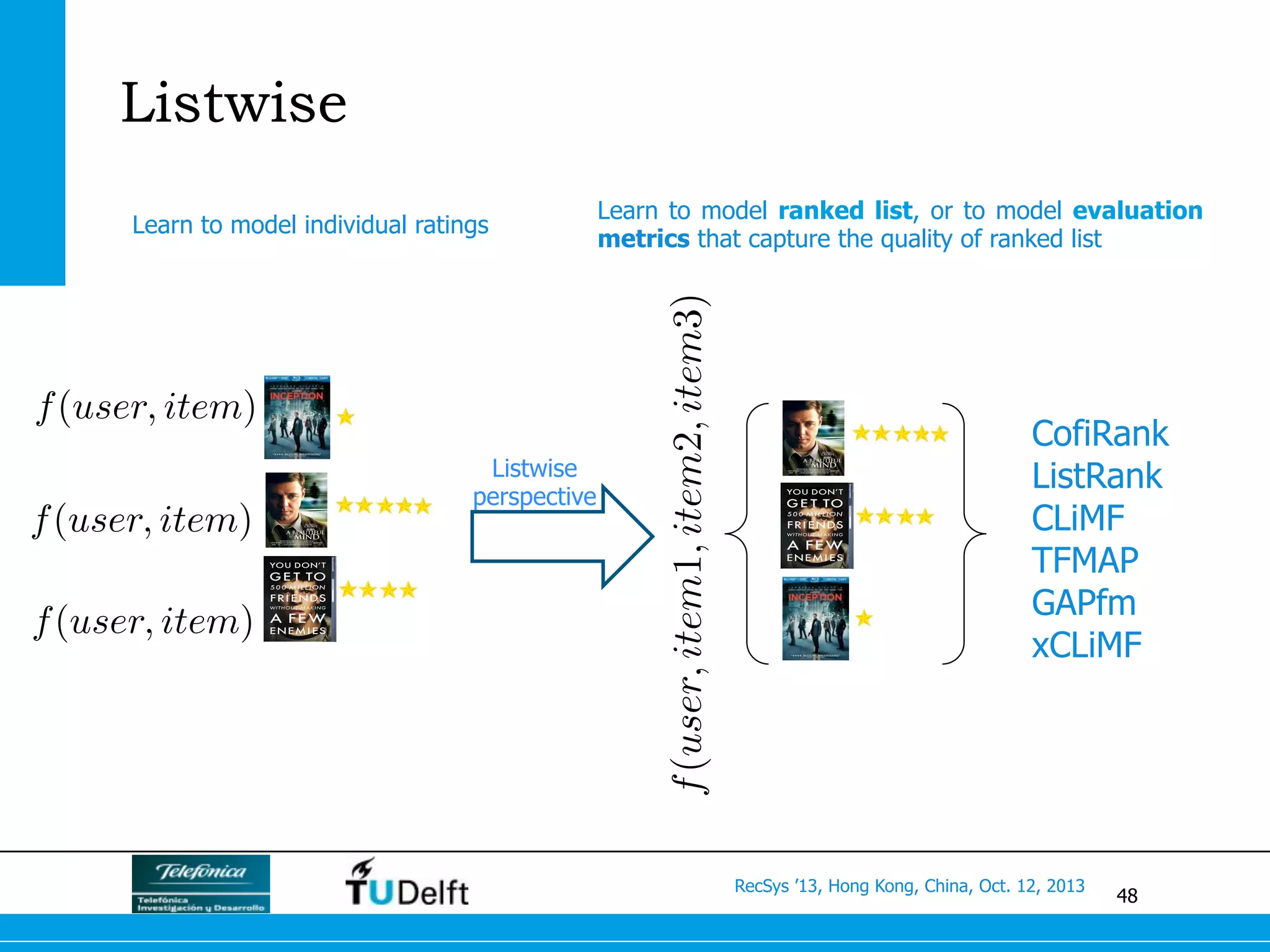 48
RecSys ’13, Hong Kong, China, Oct. 12, 2013
Listwise
Learn to model individual ratings
Learn to model ranked list, or to model evaluation
metrics that capture the quality of ranked list
Listwise
perspective
CofiRank
ListRank
CLiMF
TFMAP
GAPfm
xCLiMF
f(user, item)
f(user, item)
f(user, item)
f(user,item1,item2,item3)
 