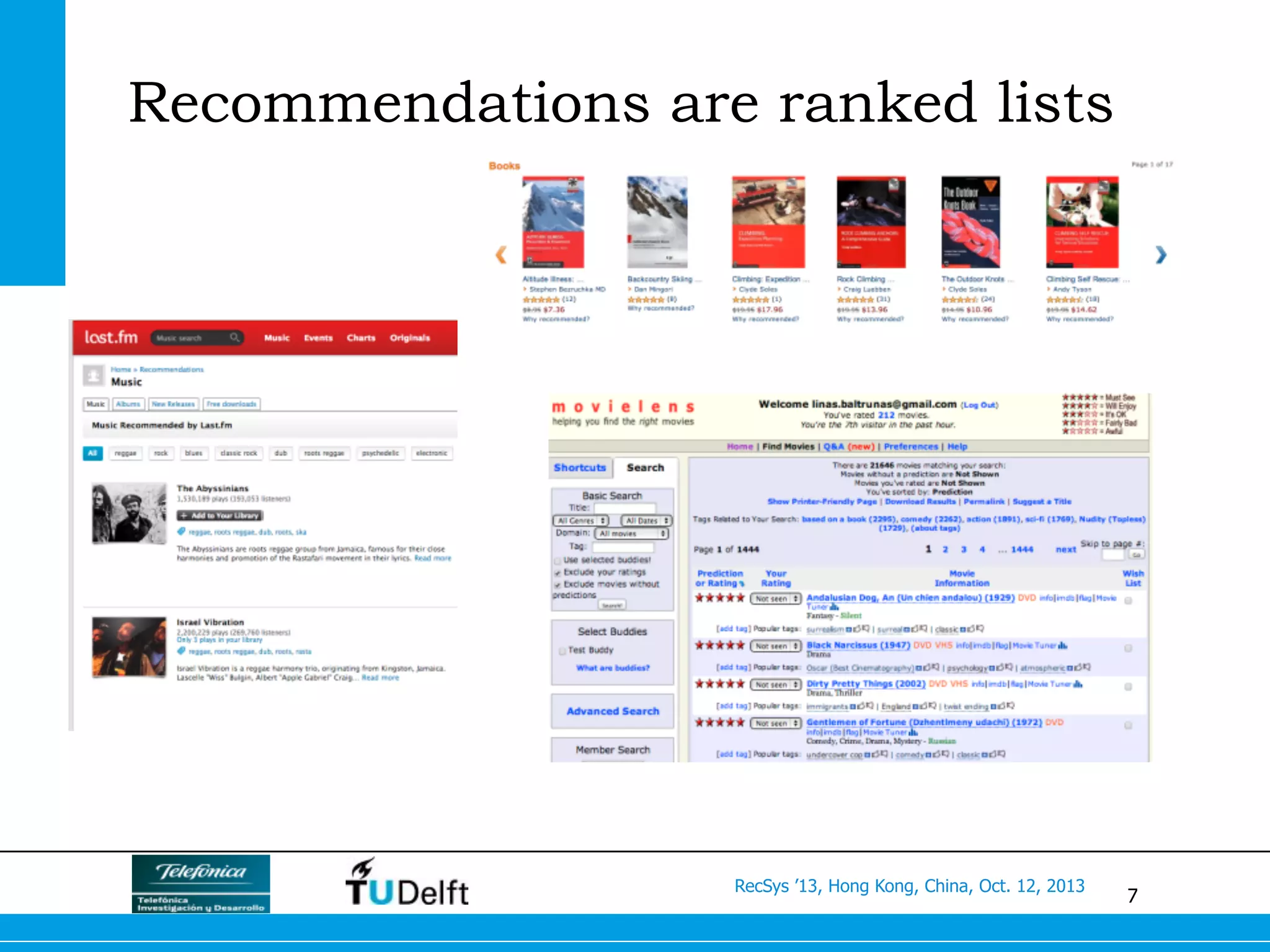 7
RecSys ’13, Hong Kong, China, Oct. 12, 2013
Recommendations are ranked lists
 