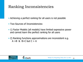 25
RecSys ’13, Hong Kong, China, Oct. 12, 2013
Ranking Inconsistencies
•  Achieving a perfect ranking for all users is not...