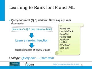 36
RecSys ’13, Hong Kong, China, Oct. 12, 2013
Learning to Rank for IR and ML
•  Query-document (Q-D) retrieval: Given a q...