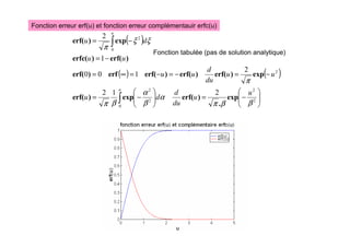 Fonction erreur erf(u) et fonction erreur complémentauir erfc(u)
( )
( ) ( )








−
=








−
=
−
=
−
=
−
=
∞
=
−
=
−
=
∫
∫
2
2
0
2
2
2
0
2
2
1
2
2
1
0
0
1
2
β
β
π
α
β
α
β
π
π
ξ
ξ
π
u
u
du
d
d
u
u
u
du
d
u
u
u
u
d
u
u
u
exp
.
)
erf(
exp
)
erf(
exp
)
erf(
)
erf(
)
erf(
erf
)
erf(
)
erf(
)
erfc(
exp
)
erf(
Fonction tabulée (pas de solution analytique)
 