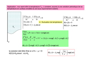 Application : mur semi-infini à température T0, λ constant, soumis à une variation périodique de sa
température en surface (modèle du sol sous rayonnement solaire)
z
T1 








=
=
∞
=
∂
∂
−
∂
∂
t
A
t
t
t
z
a
z
t
z
ω
θ
θ
θ
θ
cos
)
,
(
)
,
(
)
,
(
)
,
(
0
2
2
0
0
0
0
1









+
=
=
∞
=
∂
∂
−
∂
∂
t
A
T
t
T
T
T
t
t
z
T
a
z
t
z
T
ω
cos
)
,
(
)
,
(
)
,
(
)
,
(
0
1
1
2
2
0
0
0
1
( ) ( )
( ) ( )
[ ] )
exp(
exp
exp
)
,
(
exp
exp
)
(
)
(
)
(

)
exp(
)
(
)
(
)
(
'
t
i
ikz
ikz
t
z
ikz
ikz
z
X
k
i
a
i
a
z
X
z
X
t
i
t
Y
i
t
Y
t
Y
ω
η
µ
κ
θ
µ
κ
ω
β
ω
η
ω
β
×
+
+
−
=
+
+
−
=
⇒
=
=
=
=
⇒
=
=
2
2
θ : fluctuation de température
la solution doit être finie si x∞ : µ = 0
θ(0,t)=A0cosωt : κη=A0
)
exp(
exp
)
,
( t
i
z
a
i
A
t
z ω
ω
θ 







−
= 0
 
