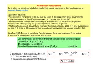 Accélération = mouvement
Le gradient de température induit un gradient de masse volumique et donne naissance à un
courant de convection
Application courante :
 ascension de l'air proche du sol au lever du soleil  développement d'une couche limite
convective au-dessus du sol (mais complexe car couplage avec l'humidité)
 l'acsension des masses d'air cesse lorsque la température du fluide diminue (gradient
thermique de l'atmosphère), où que la température ambiante augmente.
 l'atmosphère possède souvent une inversion thermique autour de 2000 m (T croit avec altitude
au-delà !)  limite le développement de la couche convective (air froid sous air chaud) = CLA
βg∆T ou βg(T-T∞) est le module de l'accélaration du fluide en mouvement. β est appelé
coefficient de flottabilité en science de l'atmosphère.
Les paramètres décrivant le transfert sont donc les caractéristiques
 du fluide : λ, ρ, µ, C, β, g
 de la paroi : L (ou D), h
 de la différence de température (TP-T∞) +humidité
9 grandeurs, 4 dimensions (L, M, T, θ)
 5 nombre adimensionnés
 3 groupements couramment utilisés
( )
Pr
Gr
Nu ,
f
=
( )
λ
µ
µ
ρ
β
λ
C
L
T
T
g
hL P
=
−
=
= ∞
∞
Pr
Gr
Nu 2
3
2
 
