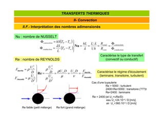 II.F.- Interprétation des nombres adimensionés
II- Convection
TRANSFERTS THERMIQUES
Nu : nombre de NUSSELT
( )
( ) conduction
convection
conv
cond
P
conduction
P
convection
R
R
h
L
hL
T
T
L
S
T
T
hS
Φ
Φ
=
=
=
=





−
=
Φ
−
=
Φ
∞
∞
1
λ
λ
λ Nu
Caractérise le type de transfert
(convectif ou conductif)
Re : nombre de REYNOLDS
viscosité
inertie
viscosité
inertie
Re
F
F
D
U
D
U
D
U
D
U
D
U
F
D
U
F
=
=
=
=







≈
≈
∞
∞
∞
∞
∞
∞
ν
µ
ρ
µ
ρ
µ
ρ
2
2
2
2
Caractérise le régime d'écoulement
(laminaire, transitoire, turbulent)
Re faible (petit mélange) Re fort (grand mélange)
Cas d'une tuyauterie
Re  5000 : turbulent
2400Re5000 : transitoire (???)t
Re2400 : laminaire
Re = 2400 (et U∞=υRe/D)
eau U∞=24.10-4 / D [m/s]
air U∞=360.10-4 / D [m/s]
 