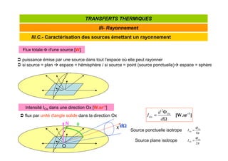 III.C.- Caractérisation des sources émettant un rayonnement
III- Rayonnement
TRANSFERTS THERMIQUES
Flux totale Φ d'une source [W]
 puissance émise par une source dans tout l'espace où elle peut rayonner
 si source = plan  espace = hémisphère / si source = point (source ponctuelle) espace = sphère
Intensité IOx dans une direction Ox [W.sr-1]
 flux par unité d'angle solide dans la direction Ox ]
[W.sr-1
Ω
Φ
=
d
d
I Ox
Ox
2
O
x
N θ
θ
θ
θ dΩ
Ω
Ω
Ω
Source ponctuelle isotrope
π
Φ
I Ox
Ox
4
=
Source plane isotrope
π
Φ
I Ox
Ox
2
=
 