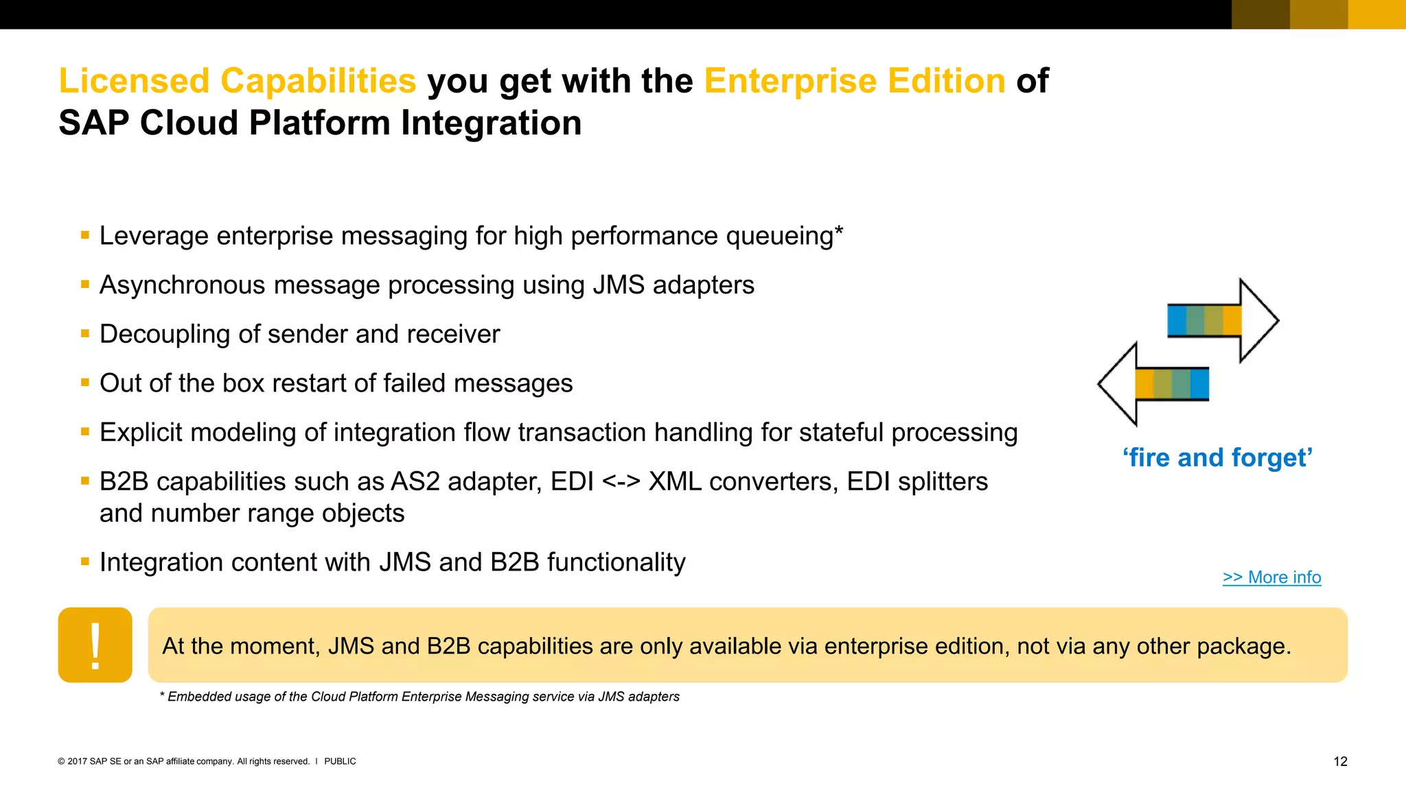 12PUBLIC© 2017 SAP SE or an SAP affiliate company. All rights reserved. ǀ
Internal
 Leverage enterprise messaging for high performance queueing*
 Asynchronous message processing using JMS adapters
 Decoupling of sender and receiver
 Out of the box restart of failed messages
 Explicit modeling of integration flow transaction handling for stateful processing
 B2B capabilities such as AS2 adapter, EDI <-> XML converters, EDI splitters
and number range objects
 Integration content with JMS and B2B functionality
Licensed Capabilities you get with the Enterprise Edition of
SAP Cloud Platform Integration
! At the moment, JMS and B2B capabilities are only available via enterprise edition, not via any other package.
* Embedded usage of the Cloud Platform Enterprise Messaging service via JMS adapters
‘fire and forget’
>> More info
 