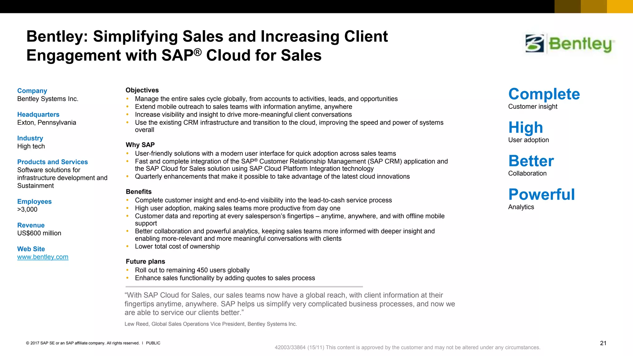 21PUBLIC© 2017 SAP SE or an SAP affiliate company. All rights reserved. ǀ
Internal
Bentley: Simplifying Sales and Increasing Client
Engagement with SAP® Cloud for Sales
Company
Bentley Systems Inc.
Headquarters
Exton, Pennsylvania
Industry
High tech
Products and Services
Software solutions for
infrastructure development and
Sustainment
Employees
>3,000
Revenue
US$600 million
Web Site
www.bentley.com
Objectives
 Manage the entire sales cycle globally, from accounts to activities, leads, and opportunities
 Extend mobile outreach to sales teams with information anytime, anywhere
 Increase visibility and insight to drive more-meaningful client conversations
 Use the existing CRM infrastructure and transition to the cloud, improving the speed and power of systems
overall
Why SAP
 User-friendly solutions with a modern user interface for quick adoption across sales teams
 Fast and complete integration of the SAP® Customer Relationship Management (SAP CRM) application and
the SAP Cloud for Sales solution using SAP Cloud Platform Integration technology
 Quarterly enhancements that make it possible to take advantage of the latest cloud innovations
Benefits
 Complete customer insight and end-to-end visibility into the lead-to-cash service process
 High user adoption, making sales teams more productive from day one
 Customer data and reporting at every salesperson’s fingertips – anytime, anywhere, and with offline mobile
support
 Better collaboration and powerful analytics, keeping sales teams more informed with deeper insight and
enabling more-relevant and more meaningful conversations with clients
 Lower total cost of ownership
Future plans
 Roll out to remaining 450 users globally
 Enhance sales functionality by adding quotes to sales process
Complete
Customer insight
High
User adoption
Better
Collaboration
Powerful
Analytics
“With SAP Cloud for Sales, our sales teams now have a global reach, with client information at their
fingertips anytime, anywhere. SAP helps us simplify very complicated business processes, and now we
are able to service our clients better.”
Lew Reed, Global Sales Operations Vice President, Bentley Systems Inc.
42003/33864 (15/11) This content is approved by the customer and may not be altered under any circumstances.
 