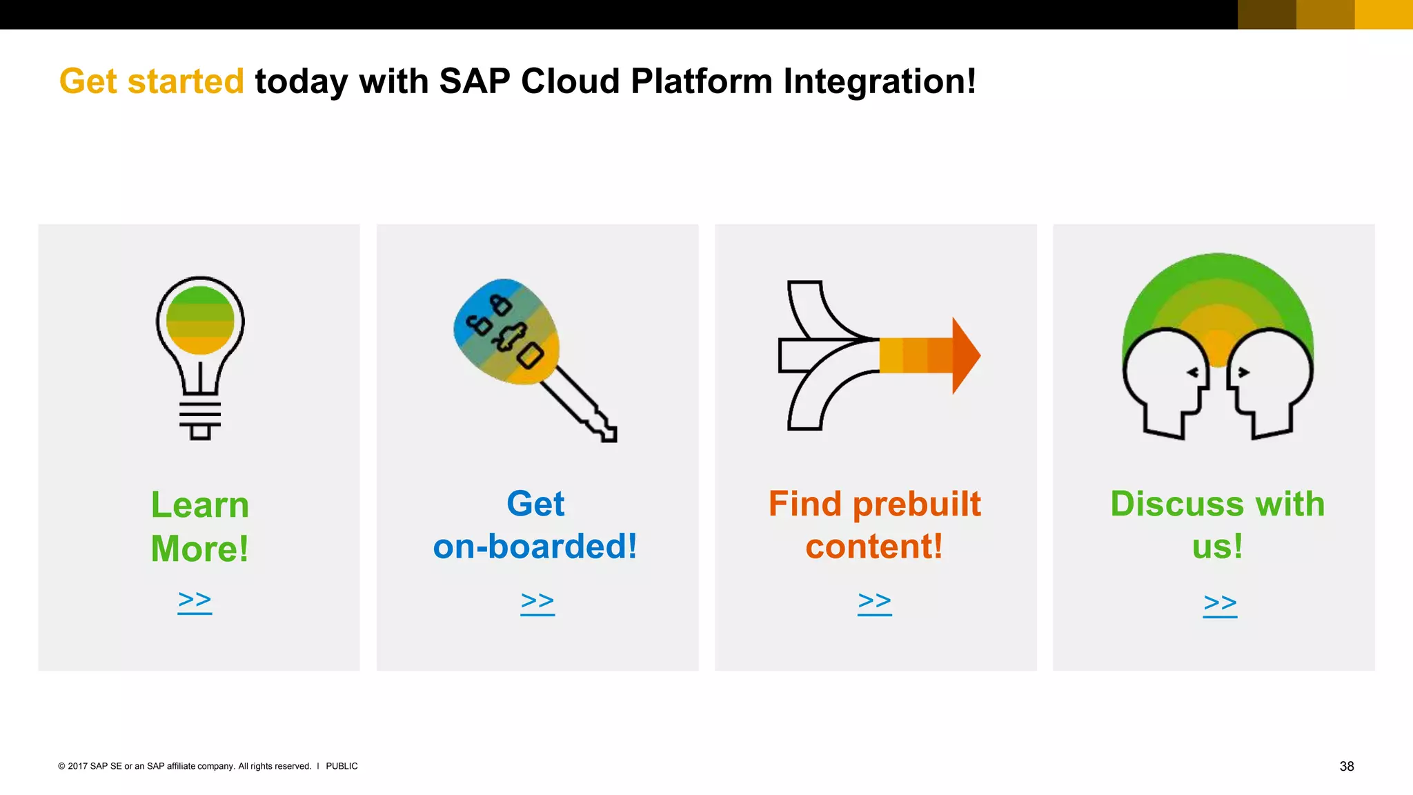 38PUBLIC© 2017 SAP SE or an SAP affiliate company. All rights reserved. ǀ
Internal
Get
on-boarded!
Find prebuilt
content!
Learn
More!
Discuss with
us!
>> >> >>
Get started today with SAP Cloud Platform Integration!
>>
 