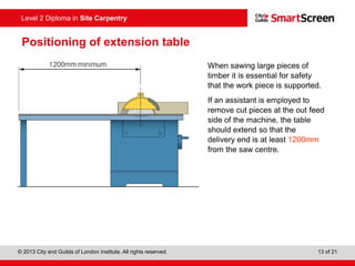 © 2013 City and Guilds of London Institute. All rights reserved. 13 of 21
Level 2 Diploma in Site Carpentry
Positioning of extension table
When sawing large pieces of
timber it is essential for safety
that the work piece is supported.
If an assistant is employed to
remove cut pieces at the out feed
side of the machine, the table
should extend so that the
delivery end is at least 1200mm
from the saw centre.
 
