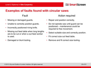 © 2013 City and Guilds of London Institute. All rights reserved. 20 of 21
Level 2 Diploma in Site Carpentry
Examples of faults found with circular saws
Fault
• Missing or damaged guards.
• Unable to correctly position guards.
• Incorrectly positioned riving knife.
• Missing out feed table when long lengths
are to be cut or when a out feed worker
is used.
• Damaged or blunt tooling.
Action required
• Repair and position correctly.
• Do not operate saw until guard can be
positioned – maintenance could be
required to free movement.
• Select suitable size and correctly position.
• Fit correct size out feed table.
• Remove and fit correct size tooling.
 
