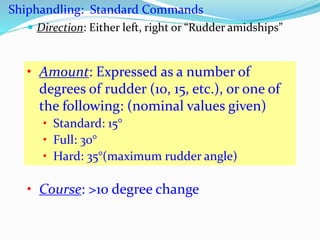  Direction: Either left, right or “Rudder amidships”
• Amount: Expressed as a number of
degrees of rudder (10, 15, etc.), or one of
the following: (nominal values given)
• Standard: 15°
• Full: 30°
• Hard: 35°(maximum rudder angle)
Shiphandling: Standard Commands
• Course: >10 degree change
 