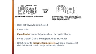 Does not flow when it is heated
Irreversible
Cross-linking formed between chains by covalent bonds
Bonds prevent chains moving relative to eachother
Only heating to excessive temperatures will cause severanceof
these cross-link bonds and polymer degradation
 
