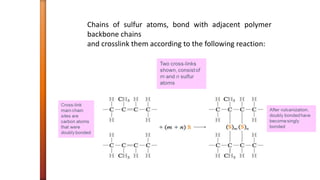 Chains of sulfur atoms, bond with adjacent polymer
backbone chains
and crosslink them according to the following reaction:
 