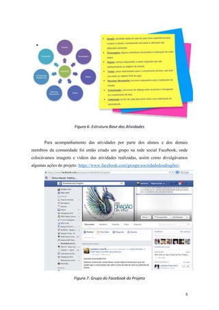8
Figura 6: Estrutura Base das Atividades
Para acompanhamento das atividades por parte dos alunos e dos demais
membros da comunidade foi então criado um grupo na rede social Facebook, onde
colocávamos imagens e vídeos das atividades realizadas, assim como divulgávamos
algumas ações do projeto: https://www.facebook.com/groups/sociedadedosdragões/.
Figura 7: Grupo do Facebook do Projeto
 