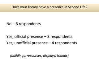 No – 6 respondents Yes, official presence – 8 respondents Yes, unofficial presence – 4 respondents (buildings, resources, displays, islands) Does your library have a presence in Second Life? 