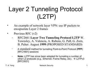 Layer 2 Tunneling Protocol
               (L2TP)
 •       An example of network layer VPN: use IP packets to
         encapsulate Layer 2 frames
 •       Previous RFC (v2)
       -    RFC2661 Layer Two Tunneling Protocol L2TP W.
            Townsley, A. Valencia, A. Rubens, G. Pall, G. Zorn,
            B. Palter. August 1999 (PROPOSED STANDARD)
       -    A standard method for tunneling Point-to-Point Protocol (PPP)
             [RFC1661] sessions
       -     Note: L2TP has since been adopted for tunneling a number of
             other L2 protocols (e.g., Ethernet, Frame Relay, etc).  L2TPv3
             [RFC3931]
T. A. Yang                        Network Security                             1
 