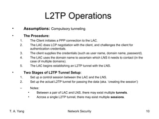 L2TP Operations
 •          Assumptions: Compulsory tunneling
 •          The Procedure:
       1.      The Client initiates a PPP connection to the LAC.
       2.      The LAC does LCP negotiation with the client, and challenges the client for
               authentication credentials.
       3.      The client supplies the credentials (such as user name, domain name, password).
       4.      The LAC uses the domain name to ascertain which LNS it needs to contact (in the
               case of multiple domains).
       5.      The LAC begins establishing an L2TP tunnel with the LNS.

 •          Two Stages of L2TP Tunnel Setup:
       1.      Set up a control session between the LAC and the LNS.
       2.      Set up the actual L2TP tunnel for passing the data (aka. ‘creating the session’)

       –        Notes:
              •     Between a pair of LAC and LNS, there may exist multiple tunnels.
              •     Across a single L2TP tunnel, there may exist multiple sessions.



T. A. Yang                                Network Security                                        10
 