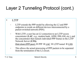 Layer 2 Tunneling Protocol (cont.)

 •         L2TP
       -     L2TP extends the PPP model by allowing the L2 and PPP
             endpoints to reside on different devices interconnected by a
             packet-switched network (PSN).
       -     With L2TP, a user has an L2 connection to an L2TP access
             concentrator (LAC, e.g., modem bank, ADSL DSLAM, etc.), and
             the concentrator then tunnels individual PPP frames to the L2TP
             Network Server (LNS).
             Dial client (PPP peer)  PPP  LAC  L2TP tunnel  LNS
       -     This allows the actual processing of PPP packets to be separated
             from the termination of the L2 circuit.

T. A. Yang                        Network Security                              5
 