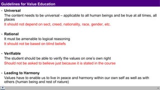 13
Guidelines for Value Education
- Universal
The content needs to be universal – applicable to all human beings and be true at all times, all
places
It should not depend on sect, creed, nationality, race, gender, etc.
- Rational
It must be amenable to logical reasoning
It should not be based on blind beliefs
- Verifiable
The student should be able to verify the values on one’s own right
Should not be asked to believe just because it is stated in the course
- Leading to Harmony
Values have to enable us to live in peace and harmony within our own self as well as with
others (human being and rest of nature)
 