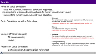 24
Sum Up
Need for Value Education
To live with fulfilment, happiness, continuous happiness…
it is essential to understand what is valuable for human being (human values)
To understand human values, we need value education
Basic Guidelines for Value Education
Content of Value Education
All encompassing
Holistic
Process of Value Education
Self exploration, becoming Self-referential
 