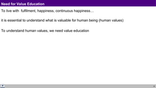 28
Need for Value Education
To live with fulfilment, happiness, continuous happiness…
it is essential to understand what is valuable for human being (human values)
To understand human values, we need value education
 