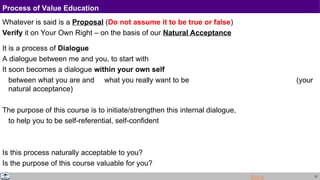 31
Process of Value Education
Whatever is said is a Proposal (Do not assume it to be true or false)
Verify it on Your Own Right – on the basis of our Natural Acceptance
It is a process of Dialogue
A dialogue between me and you, to start with
It soon becomes a dialogue within your own self
between what you are and what you really want to be (your
natural acceptance)
The purpose of this course is to initiate/strengthen this internal dialogue,
to help you to be self-referential, self-confident
Is this process naturally acceptable to you?
Is the purpose of this course valuable for you?
More
 