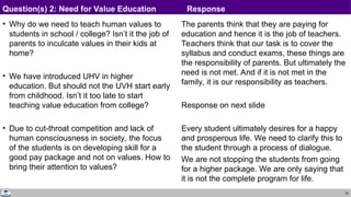36
• Why do we need to teach human values to
students in school / college? Isn’t it the job of
parents to inculcate values in their kids at
home?
• We have introduced UHV in higher
education. But should not the UVH start early
from childhood. Isn’t it too late to start
teaching value education from college?
• Due to cut-throat competition and lack of
human consciousness in society, the focus
of the students is on developing skill for a
good pay package and not on values. How to
bring their attention to values?
The parents think that they are paying for
education and hence it is the job of teachers.
Teachers think that our task is to cover the
syllabus and conduct exams, these things are
the responsibility of parents. But ultimately the
need is not met. And if it is not met in the
family, it is our responsibility as teachers.
Response on next slide
Every student ultimately desires for a happy
and prosperous life. We need to clarify this to
the student through a process of dialogue.
We are not stopping the students from going
for a higher package. We are only saying that
it is not the complete program for life.
Question(s) 2: Need for Value Education Response
 