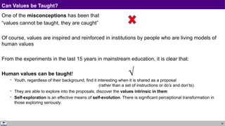 39
Can Values be Taught?
One of the misconceptions has been that
“values cannot be taught, they are caught”
Of course, values are inspired and reinforced in institutions by people who are living models of
human values
From the experiments in the last 15 years in mainstream education, it is clear that:
Human values can be taught!
 Youth, regardless of their background, find it interesting when it is shared as a proposal
(rather than a set of instructions or do’s and don’ts).
 They are able to explore into the proposals, discover the values intrinsic in them
 Self-exploration is an effective means of self-evolution. There is significant perceptional transformation in
those exploring seriously.
√
 