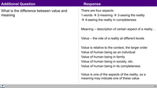 45
What is the difference between value and
meaning
There are four aspects:
1-words  2-meaning  3-seeing the reality
 4-seeing the reality in completeness
Meaning – description of certain aspect of a reality…
Value – the role of a reality at different levels
Value is relative to the context, the larger order
Value of human being as an individual
Value of human being in family
Value of human being in society, etc.
Value of human being in its completeness
Value is one of the aspects of the reality, so a
meaning may indicate one of these value
Additional Question Response
 