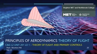 PRINCIPLES OF AERODYNAMICS THEORY OF FLIGHT
C&G L2 UNIT 201 LO 1 – THEORY OF FLIGHT AND PRIMARY CONTROLS
1
Mark Wootton MA 20
Sep 22
 