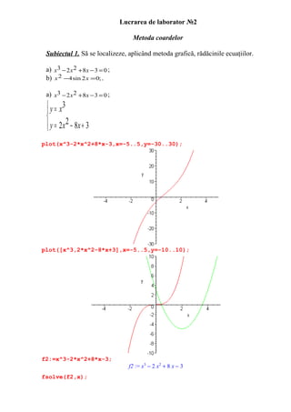 Lucrarea de laborator №2
Metoda coardelor
Subiectul 1. Să se localizeze, aplicând metoda grafică, rădăcinile ecuaţiilor.
a) x 3 − 2 x 2 + 8 x − 3 = 0 ;
b) x 2 −4 sin 2 x = 0; .
a) x 3 − 2 x 2 + 8 x − 3 = 0 ;

 y = x3


 y = 2 x 2 − 8x + 3

plot(x^3-2*x^2+8*x-3,x=-5..5,y=-30..30);

plot([x^3,2*x^2-8*x+3],x=-5..5,y=-10..10);

f2:=x^3-2*x^2+8*x-3;
fsolve(f2,x);

f2 := x3 − 2 x2 + 8 x − 3

 