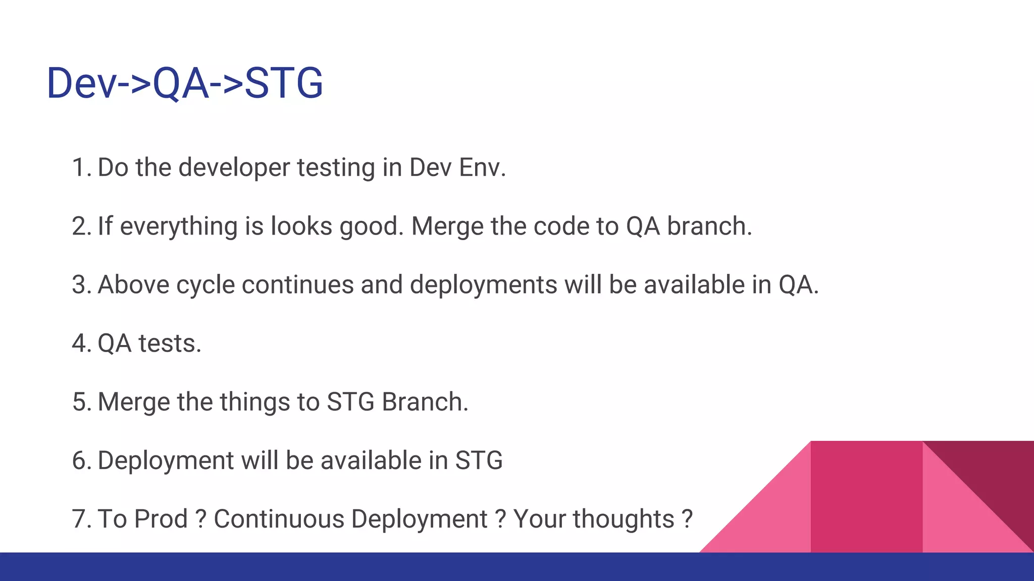 Dev->QA->STG
1. Do the developer testing in Dev Env.
2. If everything is looks good. Merge the code to QA branch.
3. Above cycle continues and deployments will be available in QA.
4. QA tests.
5. Merge the things to STG Branch.
6. Deployment will be available in STG
7. To Prod ? Continuous Deployment ? Your thoughts ?
 