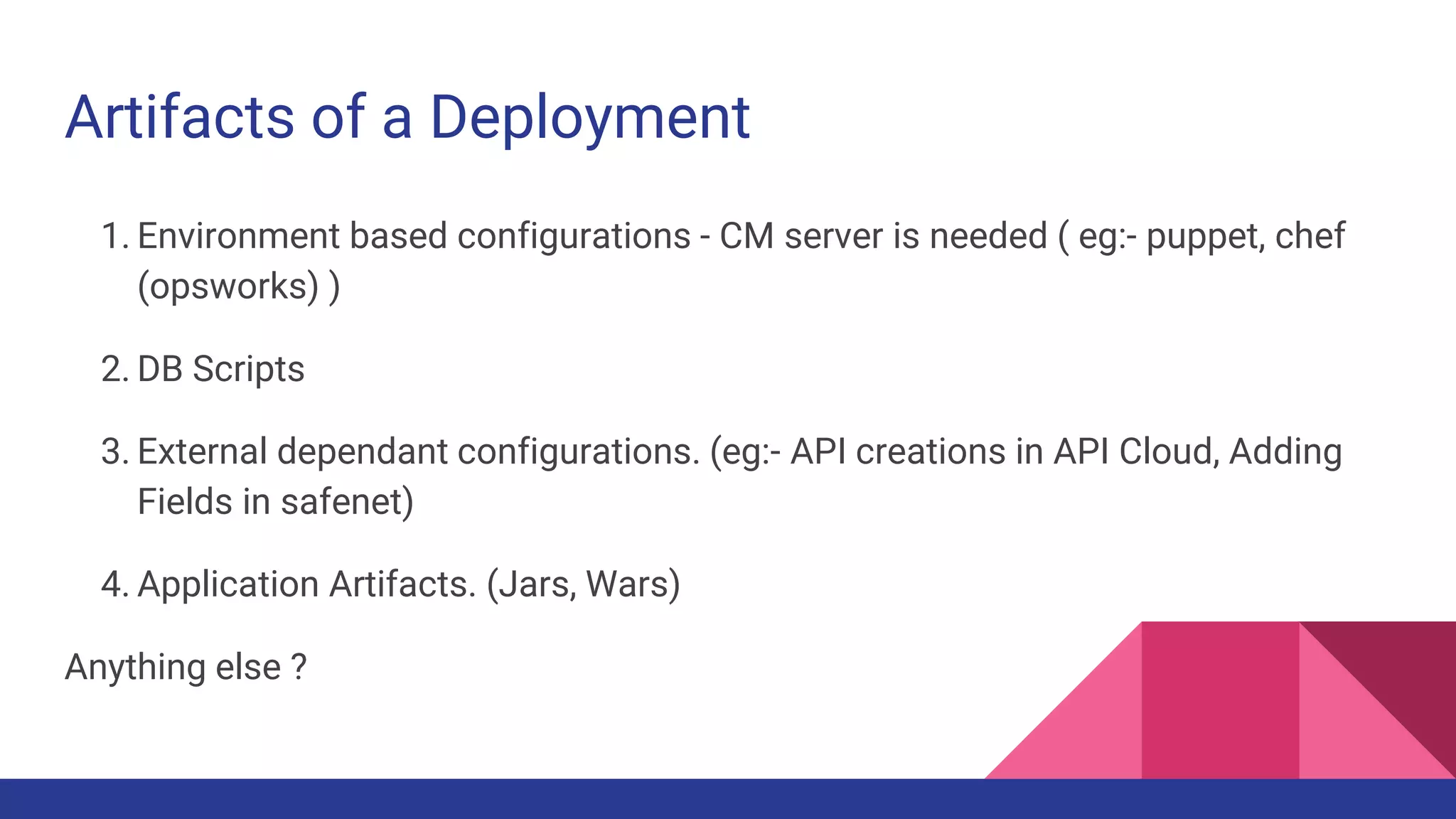Artifacts of a Deployment
1. Environment based configurations - CM server is needed ( eg:- puppet, chef
(opsworks) )
2. DB Scripts
3. External dependant configurations. (eg:- API creations in API Cloud, Adding
Fields in safenet)
4. Application Artifacts. (Jars, Wars)
Anything else ?
 