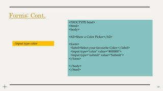 Forms: Cont.
13
<!DOCTYPE html>
<html>
<body>
<h2>Show a Color Picker</h2>
<form>
<label>Select your favourite Color:</label>
<input type="color" value="#ff0000">
<input type="submit" value="Submit">
</form>
</body>
</html>
- Input type color
 