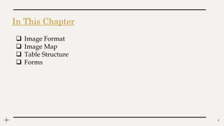 In This Chapter
2
 Image Format
 Image Map
 Table Structure
 Forms
 