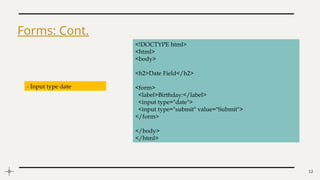 12
Forms: Cont.
<!DOCTYPE html>
<html>
<body>
<h2>Date Field</h2>
<form>
<label>Birthday:</label>
<input type="date">
<input type="submit" value="Submit">
</form>
</body>
</html>
- Input type date
 