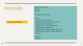 14
Forms: Cont. <!DOCTYPE html>
<html>
<body>
<h2>Checkboxes</h2>
<form>
<input type="checkbox">
<label > I have a bike</label><br>
<input type="checkbox">
<label> I have a car</label><br>
<input type="checkbox">
<label> I have a boat</label><br><br>
<input type="submit" value="Submit">
</form>
</body>
</html>
- Input type checkbox
 