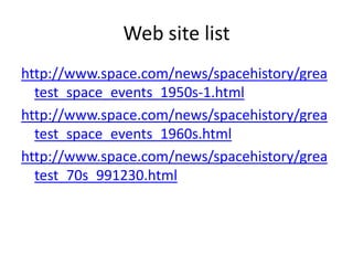 Web site listhttp://www.space.com/news/spacehistory/greatest_space_events_1950s-1.htmlhttp://www.space.com/news/spacehistory/greatest_space_events_1960s.htmlhttp://www.space.com/news/spacehistory/greatest_70s_991230.html