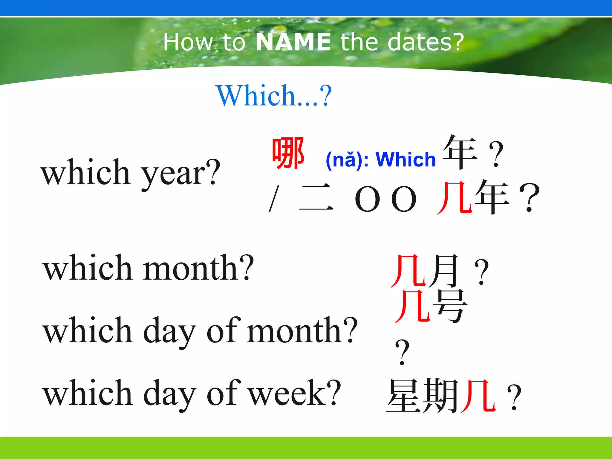 How to NAME the dates?

          Which...?

which year?    哪 (nǎ): Which 年 ?
               / 二 O O 几年？
which month?        几月 ?
                    几号
which day of month?
                    ?
which day of week? 星期几 ?
 