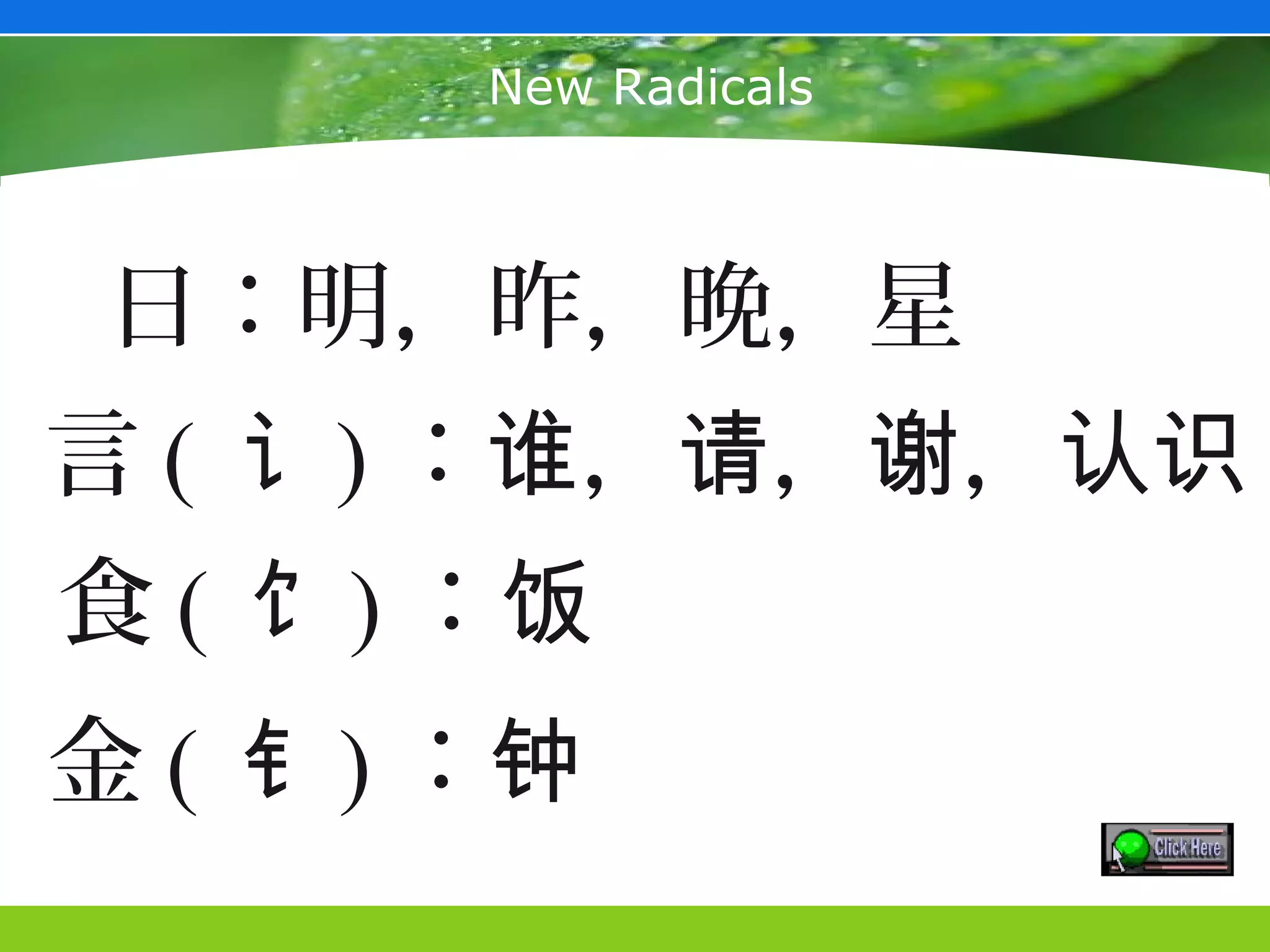 New Radicals



 日：明，昨，晚，星
言 ( 讠 ) ：谁，请，谢，认识
食 ( 饣 ) ：饭
金 ( 钅 ) ：钟
 