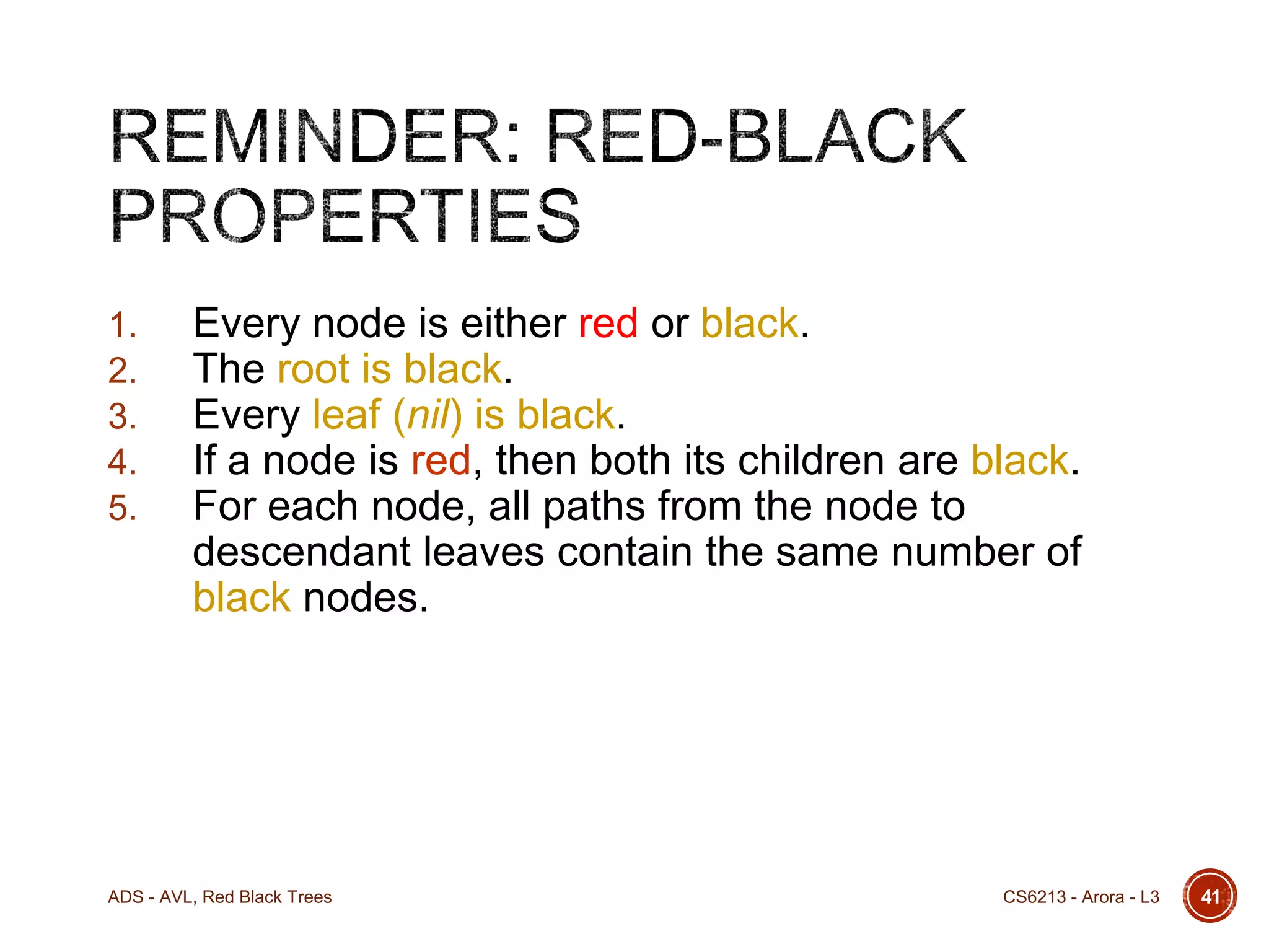 1.
2.
3.
4.
5.

Every node is either red or black.
The root is black.
Every leaf (nil) is black.
If a node is red, then both its children are black.
For each node, all paths from the node to
descendant leaves contain the same number of
black nodes.

ADS - AVL, Red Black Trees

CS6213 - Arora - L3

41

 