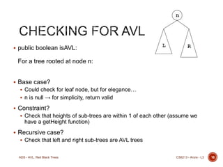  public boolean isAVL:

For a tree rooted at node n:
 Base case?
 Could check for leaf node, but for elegance…

 n is null → for simplicity, return valid

 Constraint?
 Check that heights of sub-trees are within 1 of each other (assume we

have a getHeight function)
 Recursive case?
 Check that left and right sub-trees are AVL trees

ADS - AVL, Red Black Trees

CS6213 - Arora - L3

16

 