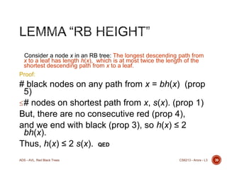 Consider a node x in an RB tree: The longest descending path from
x to a leaf has length h(x), which is at most twice the length of the
shortest descending path from x to a leaf.
Proof:

# black nodes on any path from x = bh(x) (prop
5)
 # nodes on shortest path from x, s(x). (prop 1)
But, there are no consecutive red (prop 4),
and we end with black (prop 3), so h(x) ≤ 2
bh(x).
Thus, h(x) ≤ 2 s(x). QED
ADS - AVL, Red Black Trees

CS6213 - Arora - L3

39

 