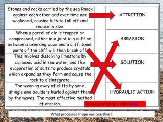 Stones and rocks carried by the sea knock
against each other and over time are
weakened, causing bits to fall off and
reduce in size.
ATTRITION
When a parcel of air is trapped or
compressed, either in a joint in a cliff or
between a breaking wave and a cliff. Small
parts of the cliff will then break off.
ABRASION
This involves dissolving limestone by
carbonic acid in sea water, and the
evaporation of salts to produce crystals
which expand as they form and cause the
rock to disintegrate.
SOLUTION
The wearing away of cliffs by sand,
shingle and boulders hurled against them
by the waves. The most effective method
of erosion.
HYDRAULIC ACTION
COASTAL EROSION VIDEO HERE
What processes shape our coastline?
 