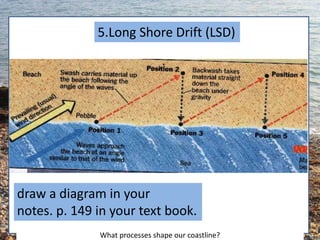 5.Long Shore Drift (LSD)
draw a diagram in your
notes. p. 149 in your text book.
What processes shape our coastline?
 