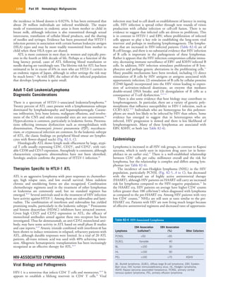 Part VII  Hematologic Malignancies1250
infection may lead to cell death or establishment of latency in resting
cells. HIV infection is spread either through new rounds of virion
production with cellular infection or cell-cell fusion. There is no
evidence to suggest that infected cells are driven to proliferate. This
is in contrast to HTLV-1 and EBV, where proliferation of infected
cells appears to play a key role in establishing the long-term viral
reservoir and perhaps in mediating lymphomagenesis. The lympho-
mas that are increased in HIV-infected patients (Table 82-4) are of
B-cell lineage, and there is no substantial evidence that HIV infection
of B cells is important in the pathogenesis of these lymphomas.
Rather it appears that the HIV infection compromises cellular immu-
nity, decreasing immune surveillance of EBV- and KSHV-infected B
cells. In addition, HIV infection stimulates proliferation of B lym-
phocytes and perhaps genetic aberrations in the proliferating cells.51
Many possible mechanisms have been invoked, including (1) direct
stimulation of B cells by HIV antigens or antigens associated with
opportunistic infection; (2) stimulation of B cells by cellular proteins
(CD40 ligand) incorporated into the HIV virion leading to expres-
sion of activation-induced deaminase, an enzyme that mediates
double-strand DNA breaks; and (3) dysregulation of B cells as a
consequence of T-cell dysfunction.16,51,52
There is also some evidence that host biology may contribute to
lymphomagenesis. In particular, there are a variety of genetic poly-
morphisms that influence susceptibility to HIV-1 infection, such as
CCR5-Δ32.53,54
Individuals who are homozygous for this polymor-
phism are much less likely to be infected by HIV than others. Some
evidence has emerged to suggest that in heterozygotes who are
infected, HIV progression is slowed and there is less likelihood of
lymphomagenesis. Many of these lymphomas are associated with
EBV, KSHV, or both (see Table 82-4).
Epidemiology
Lymphoma is increased in all HIV risk groups, in contrast to Kaposi
sarcoma, which is rarely seen in injection drug users (or in hemo-
philiacs in an earlier era).55
There is a well-established relationship
between CD4+
cells per cubic millimeter overall and the risk for
lymphoma, but the relationship is complex and differs among lym-
phomas (see Table 82-4).
The incidence of non-Hodgkin lymphoma (NHL) in the HIV
population, particularly PCNSL (Fig. 82-5, A to C), has decreased
with the widespread use of highly active antiretroviral therapy
(HAART), although HIV patients on HAART still carry an increased
risk for lymphoma compared to the HIV-negative population.55
In
the HAART era, HIV patients on average have higher CD4+
counts
(often greater than 100 cells/mm3
) when diagnosed with lymphoma
as compared to the pre-HAART era. Among HIV patients with very
low CD4+
counts,56
NHLs are still seen at rates similar to the pre-
HAART era. Patients with HIV are now living much longer because
of effective antiretroviral regimens and decreased rates of opportunis-
the incidence in blood donors is 0.025%. It has been estimated that
about 20 million individuals are infected worldwide. The major
mode of transmission in endemic areas is from mother to child in
breast milk, although infection is also transmitted through sexual
intercourse, transfusion of cellular blood products, and the sharing
of needles and syringes. Evidence has been presented that HTLV-1
infection persists in association with certain human leukocyte antigen
(HLA) types and may be more readily transmitted from mother to
child when these HLA types are shared.
ATL is more common in men than in women and typically pres-
ents in the fourth or fifth decade of life. Perhaps as a function of the
long latency period, cases of ATL following blood transfusion or
needle sharing are vanishingly rare. The lifetime risk for ATL has been
estimated to be in excess of 6% in men who are HTLV-1 carriers in
an endemic region of Japan, although in other settings the risk may
be much lower.42
As with EBV, the subset of the infected population
that develops lymphoma is quite small.
Adult T-Cell Leukemia/Lymphoma
Diagnostic Considerations
There is a spectrum of HTLV-1–associated leukemia/lymphoma.38
Twenty percent of ATL cases present with a lymphomatous subtype
dominated by lymphadenopathy and hepatosplenomegaly. Cutane-
ous infiltration, lytic bone lesions, malignant effusions, and involve-
ment of the CNS and other extranodal sites are not uncommon.40
Hypercalcemia is common, particularly in leukemic forms. Presenta-
tions reflecting immune dysfunction such as strongyloidiasis with
dissemination, Pneumocystis jiroveci pneumonia (PJP), mycobacte-
rium, or cryptococcal infection are common. In the leukemic subtype
of ATL, the classic findings on peripheral blood smear are lympho-
cytes with flower-shaped nuclei (Fig. 82-3, C).
Histologically ATL shows lymph node effacement by large, atypi-
cal T cells usually expressing CD4+
, CD25+
, and CD52+
, with vari-
able CD30 and CD15 expression. Aneuploidy is consistent, although
characteristic cytogenetic abnormalities have not been identified.
Serologic analysis confirms the presence of HTLV-1 infection.38
Therapies Specific to HTLV-1 ATL
ATL is an aggressive lymphoma with poor responses to chemother-
apy, high relapse rates, and low overall survival. More indolent
chronic and smoldering forms are also recognized. Combination
chemotherapy regimens used in the treatment of other lymphomas
or leukemias are commonly used, but no standard regimen has
emerged.38,43
Several antivirals used in the treatment of HIV infection
have activity against HTLV-1. Among them are zidovudine and lami-
vudine. The combination of interferon and zidovudine has yielded
promising results, particularly in the leukemic subtype.38
Proteasome
and histone deacetylase (HDAC) inhibitors have attracted interest.
Given high CD25 and CD52 expression in ATL, the efficacy of
monoclonal antibodies aimed against these two receptors has been
investigated. Thus far alemtuzumab, an anti-CD52 monoclonal anti-
body, may have some activity in ATL based on small phase II studies
and case reports.44,45
Arsenic trioxide combined with interferon-α has
been shown to induce remissions in relapsed, refractory patients with
ATL, although durable responses were limited. In a trial of 20 ATL
patients, all-trans retinoic acid was used with 40% achieving remis-
sion. Allogeneic hematopoietic transplantation has been increasingly
recognized as an effective therapy for ATL.46,47
HIV-ASSOCIATED LYMPHOMAS
Viral Biology and Pathogenesis
HIV-1 is a retrovirus that infects CD4+
T cells and monocytes.48,49
It
appears to establish a lifelong reservoir in CD4+
T cells.50
Viral
Table 82-4  HIV-Associated Lymphoma
Lymphoma
CD4 Association
(cells/mm3
)
EBV Association
(%) Other Cofactors
PCNSL <50 >95
DLBCL Variable 40
BL >100 30
HL >100 90
PEL <100 >75 KSHV
BL, Burkitt lymphoma; DLBCL, diffuse large B-cell lymphoma; EBV, Epstein-
Barr virus; HIV, human immunodeficiency virus; HL, Hodgkin lymphoma;
KSHV, Kaposi sarcoma–associated herpesvirus; PCNSL, primary central
nervous system lymphoma; PEL, primary effusion lymphoma.
 