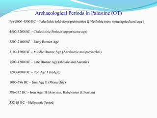 Archaeological Periods In Palestine (OT)
Pre-8000-4500 BC – Paleolithic (old stone/prehistoric) & Neolithic (new stone/agricultural age )
4500-3200 BC – Chalcolithic Period (copper/stone age)
3200-2100 BC – Early Bronze Age
2100-1500 BC – Middle Bronze Age (Abrahamic and patriarchal)
1500-1200 BC – Late Bronze Age (Mosaic and Aaronic)
1200-1000 BC – Iron Age I (Judgic)
1000-586 BC – Iron Age II (Monarchic)
586-332 BC – Iron Age III (Assyrian, Babylonian & Persian)
332-63 BC – Hellenistic Period
 