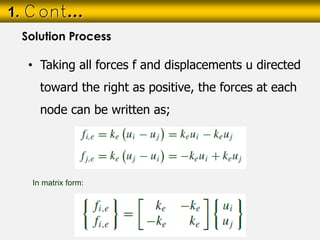 • Taking all forces f and displacements u directed
toward the right as positive, the forces at each
node can be written as;
1. Cont…
Solution Process
In matrix form:
 