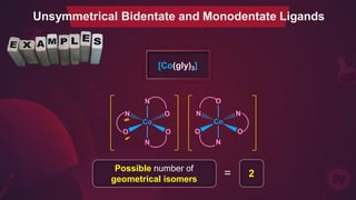 [Co(gly)3]
Possible number of
geometrical isomers
= 2
Unsymmetrical Bidentate and Monodentate Ligands
 