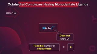 Case 1(a)
Possible number of
enantiomers
0
=
Octahedral Complexes Having Monodentate Ligands
n±
[M(a4b2)]
Does not
show OI
 
